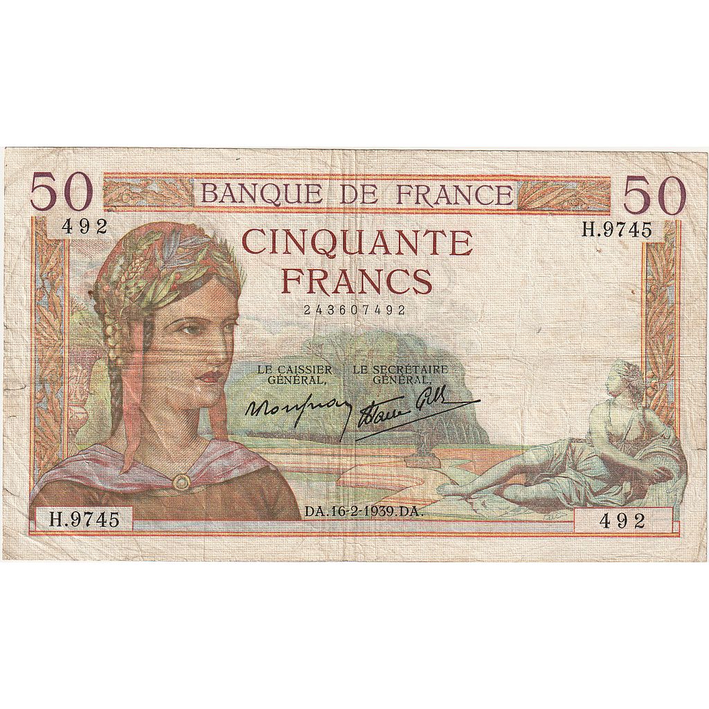 France, 50 Francs, Cérès, 1939, H.9745, VF(20-25), Fayette:18.22, KM:85b