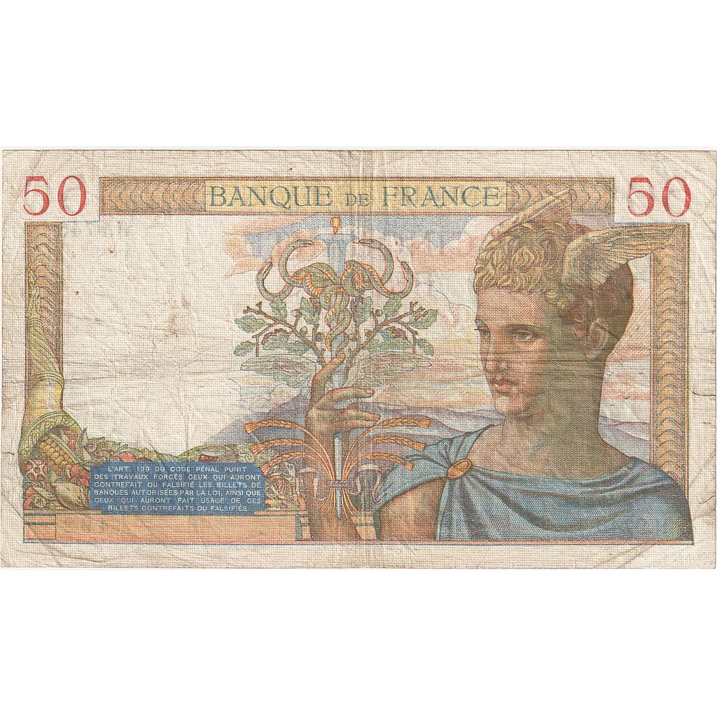 France, 50 Francs, Cérès, 1939, H.9745, VF(20-25), Fayette:18.22, KM:85b