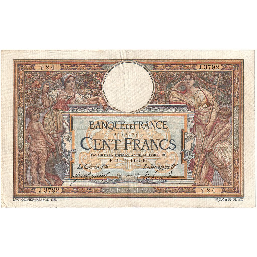 France, 100 Francs, Luc Olivier Merson, 1916, J.3792, EF(40-45), Fayette:23.08