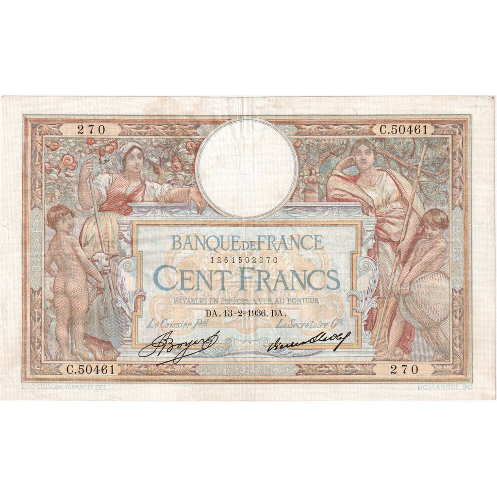 France, 100 Francs, Luc Olivier Merson, 1936, C.50461, EF(40-45), Fayette:24.15