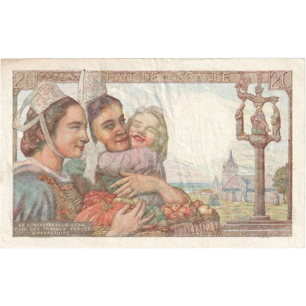 France, 20 Francs, Pêcheur, 1944, K.129, AU(55-58), Fayette:13.09, KM:100a