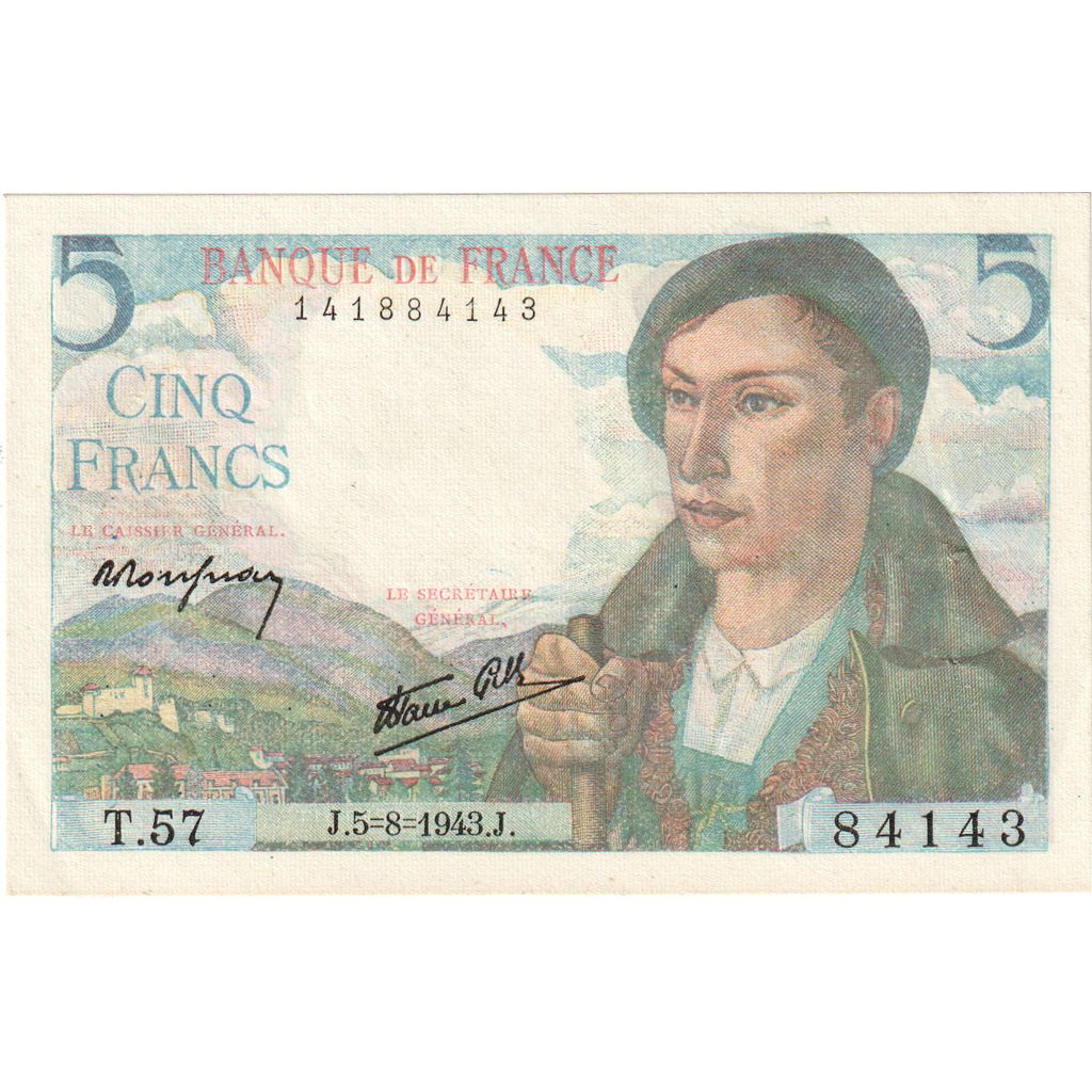 France, 5 Francs, Berger, 1943, T.57, UNC(65-70), Fayette:05.03, KM:98a