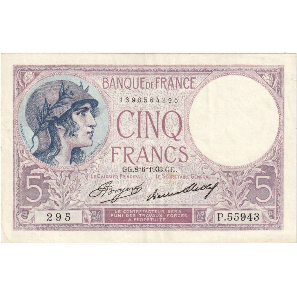 France, 5 Francs, Violet, 1933, P.55943, AU, Fayette:3.17, KM:72e