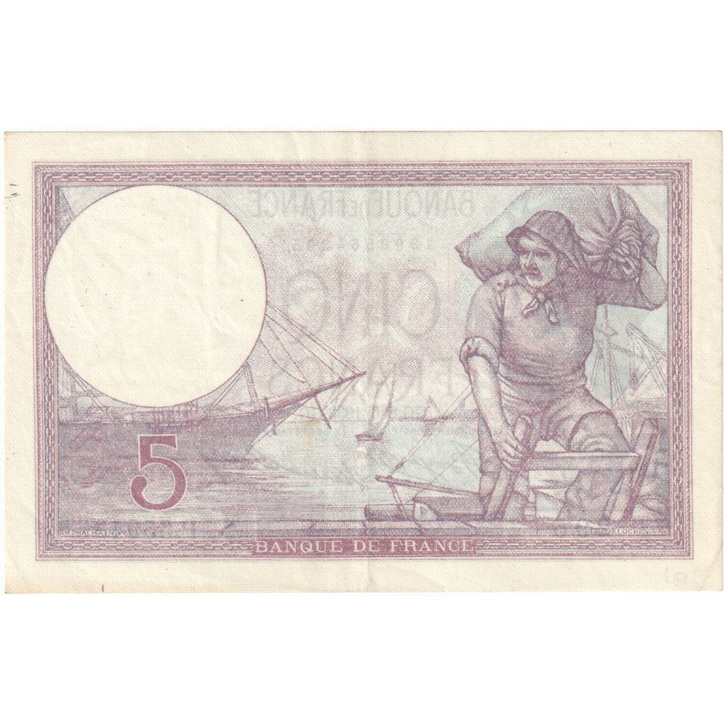 France, 5 Francs, Violet, 1933, P.55943, AU, Fayette:3.17, KM:72e
