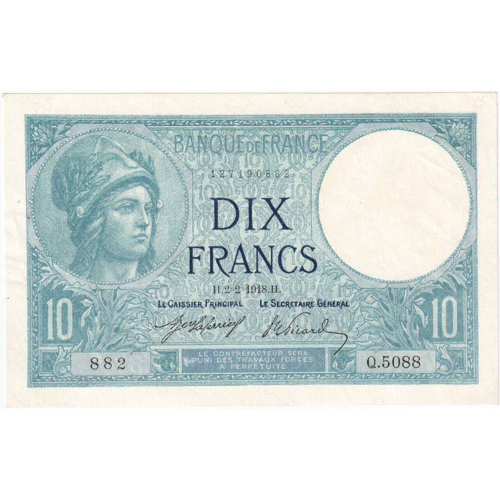 France, 10 Francs, Minerve, 1918, Q.5088, UNC(60-62), Fayette:6.3, KM:73a
