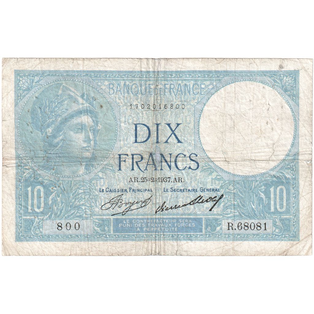 France, 10 Francs, Minerve, 1937, R.68081, F(12-15), Fayette:06.18, KM:73e