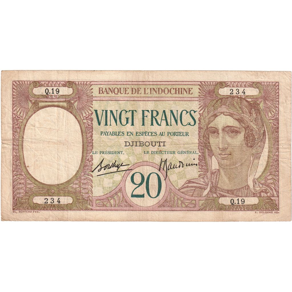 French Somaliland, 20 Francs, 1928-1938, Q.19, VF(20-25), KM:7b