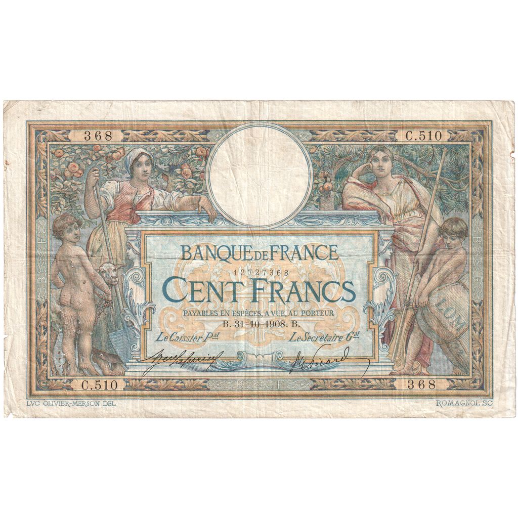 France, 100 Francs, Luc Olivier Merson, 1908-10-31, C.510, VF