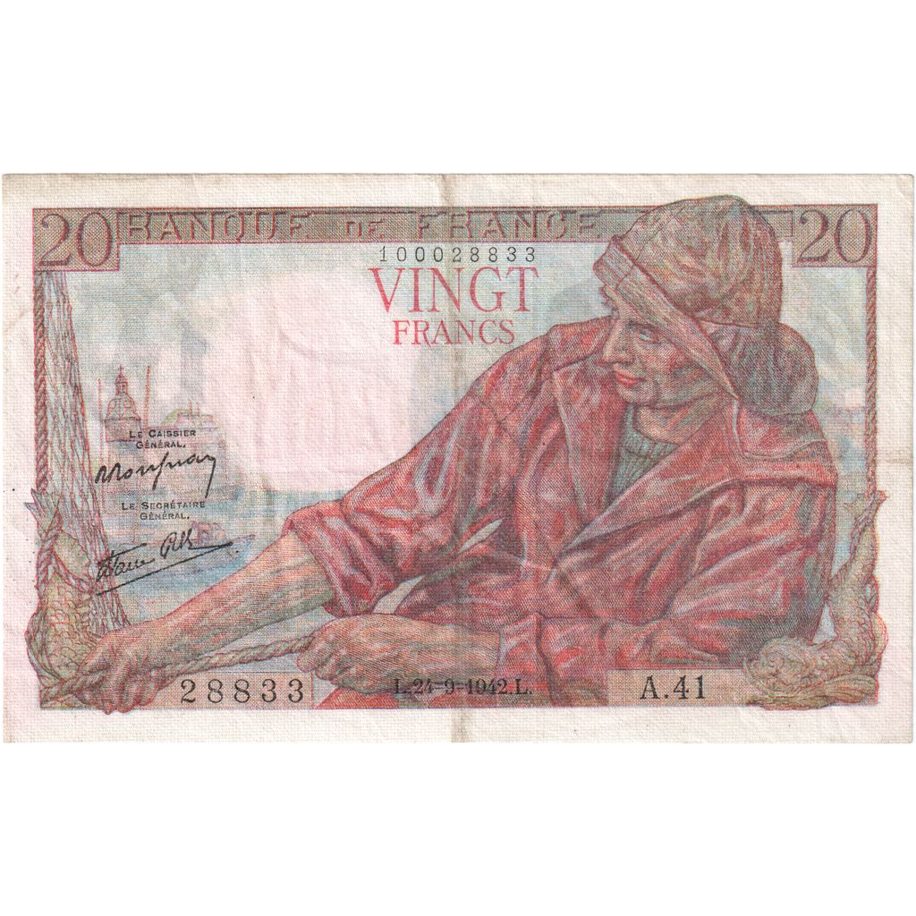 France, 20 Francs, Pêcheur, 1942-09-24, A.41, EF(40-45)