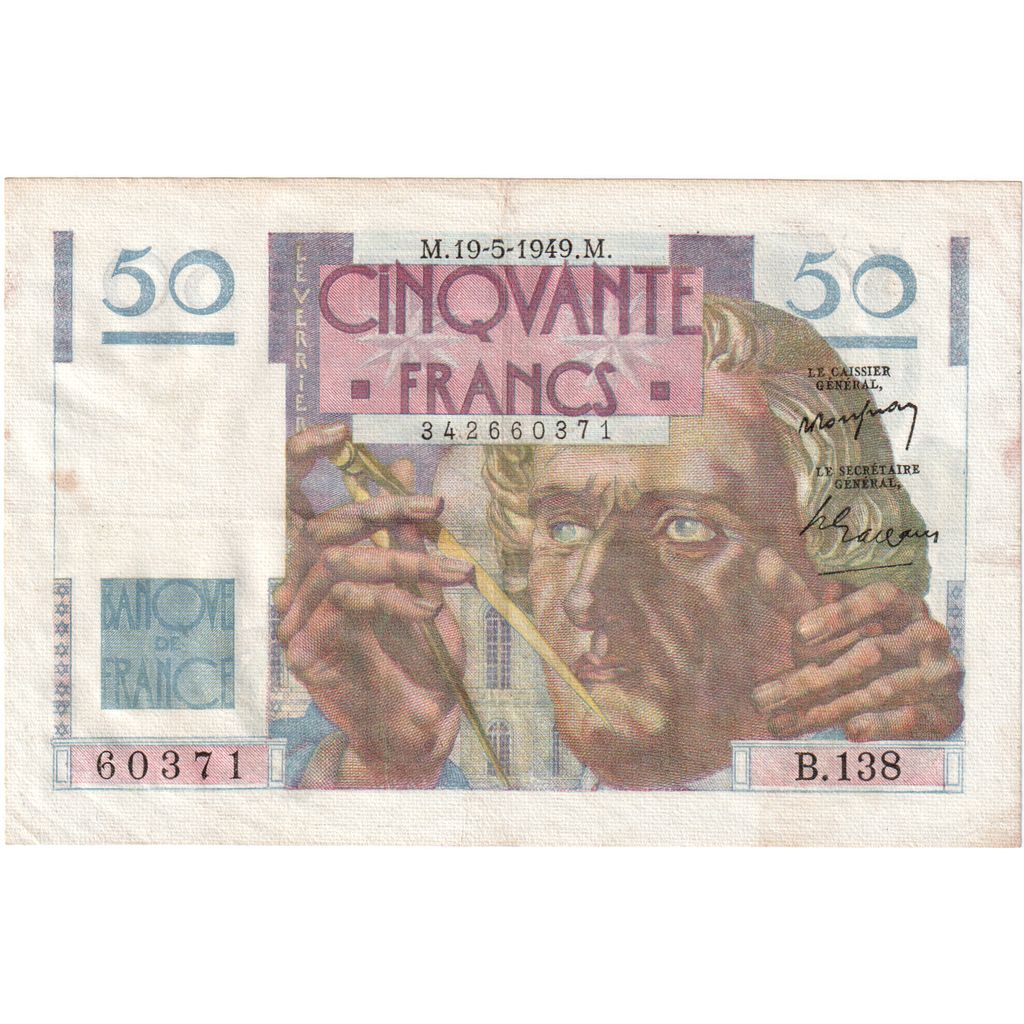 France, 50 Francs, Le Verrier, 1949-05-19, B.138, AU(55-58)