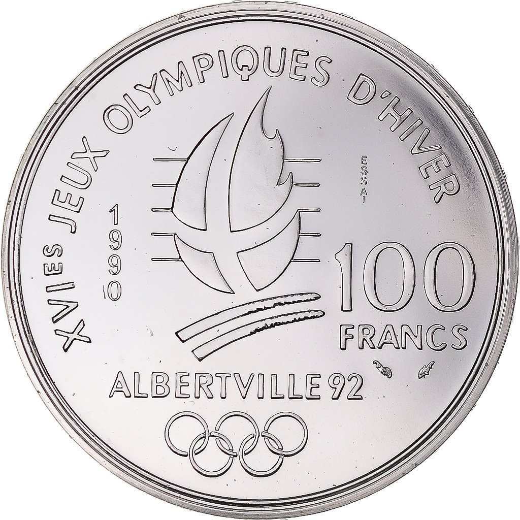 Coin, France, Albertville - Ski acrobatique, 100 Francs, 1990, MDP, ESSAI