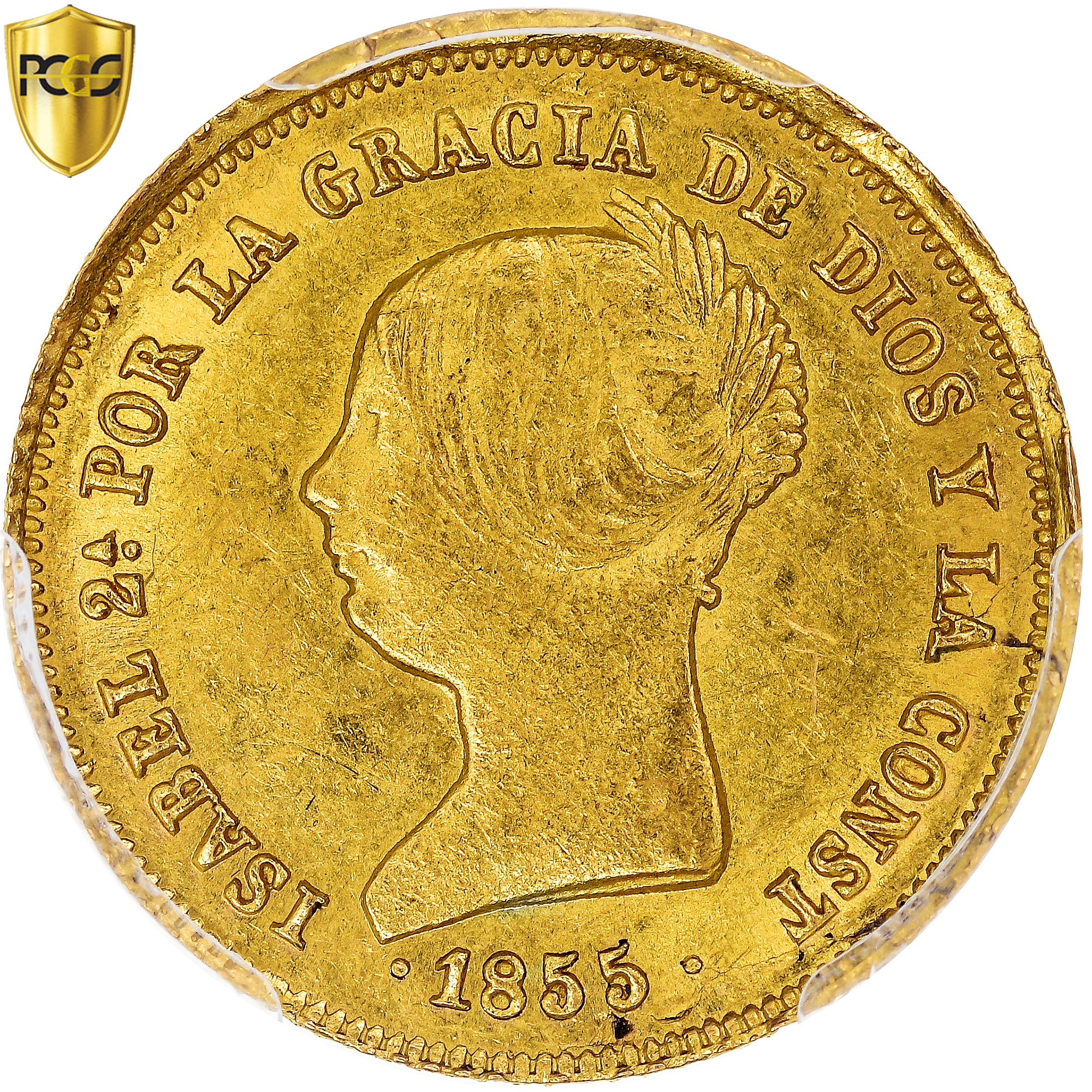 Spain, Isabel II, 100 Reales, 1855, Seville, Gold, PCGS, , KM:596.3