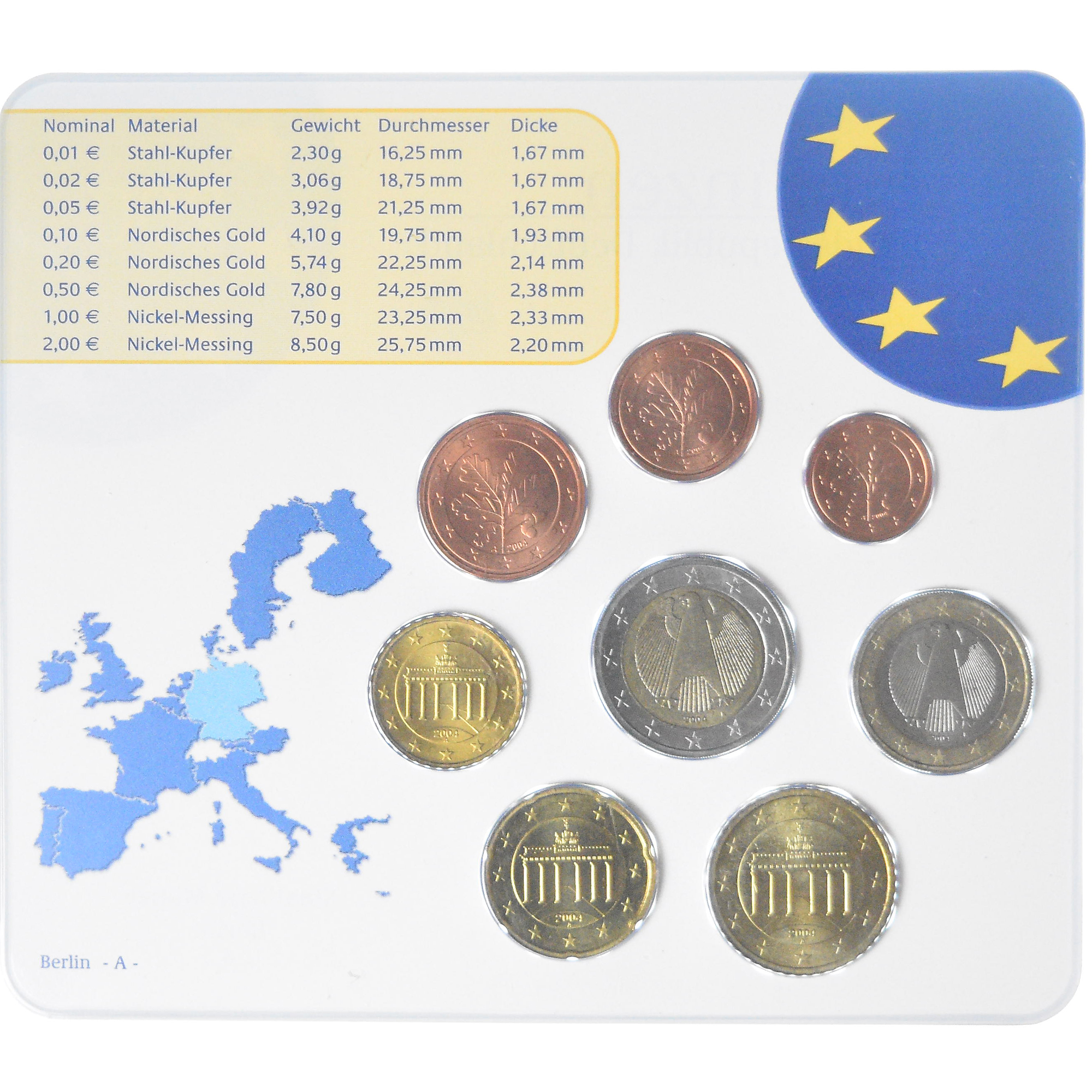Germany, Set 1c. to 2€, 2004, Berlin, UNC, , Bi-Metallic