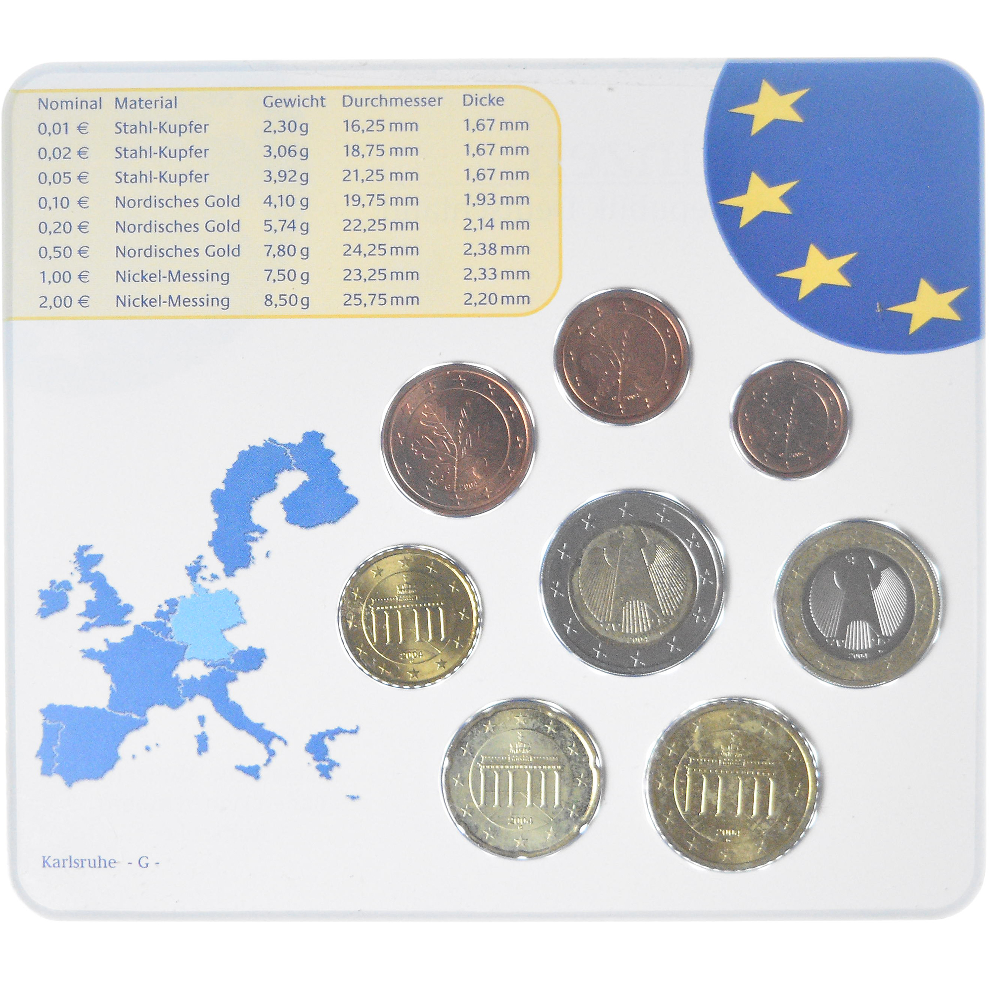 Deutschland, Coffret 1c. à 2€, 2004, Karlsruhe, UNC, STGL, Bi-Metallic