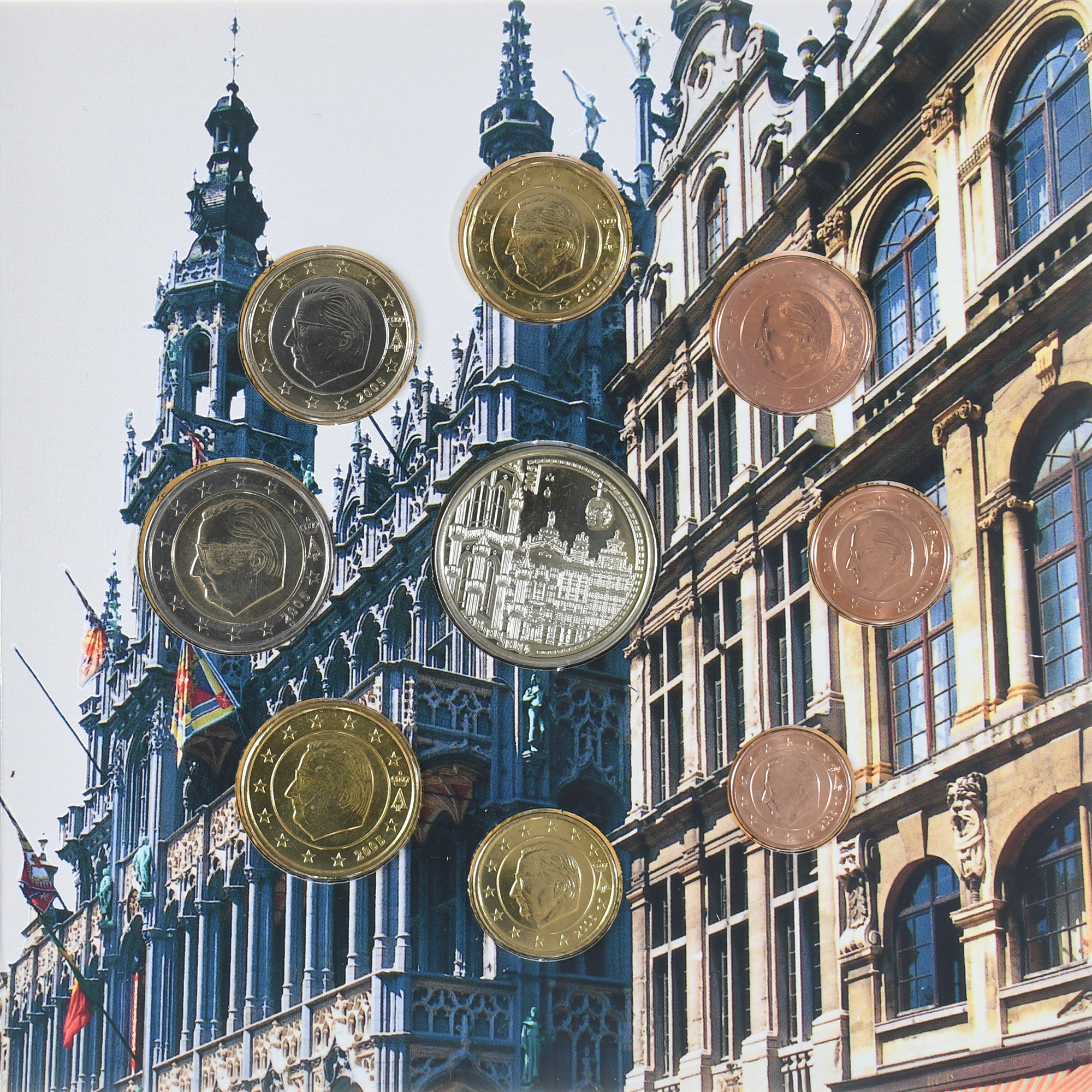 Belgien, Coffret 1c. à 2€ + jeton, Grand'Place, 2005, Brussels, FDC, STGL
