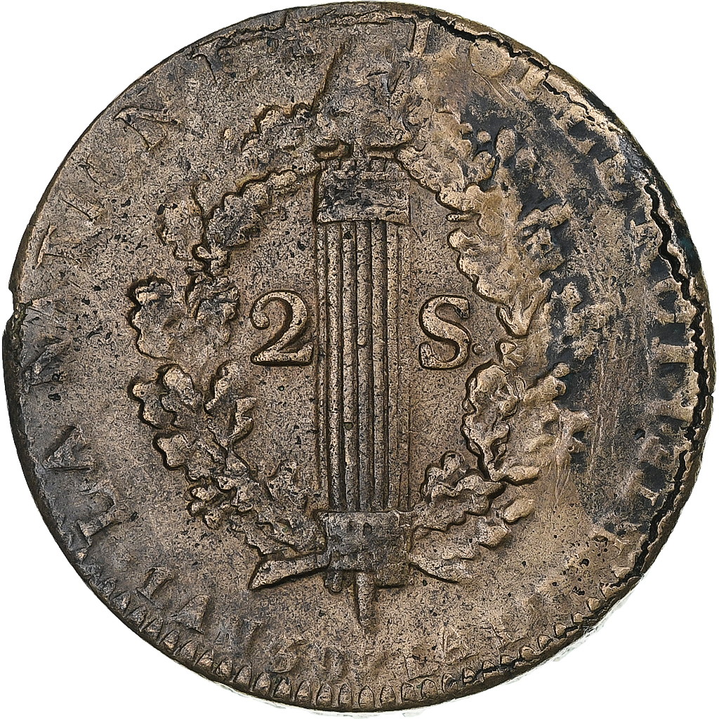 France, Louis XVI, 2 sols François, 1791/AN 3, Lille, , Métal de cloche