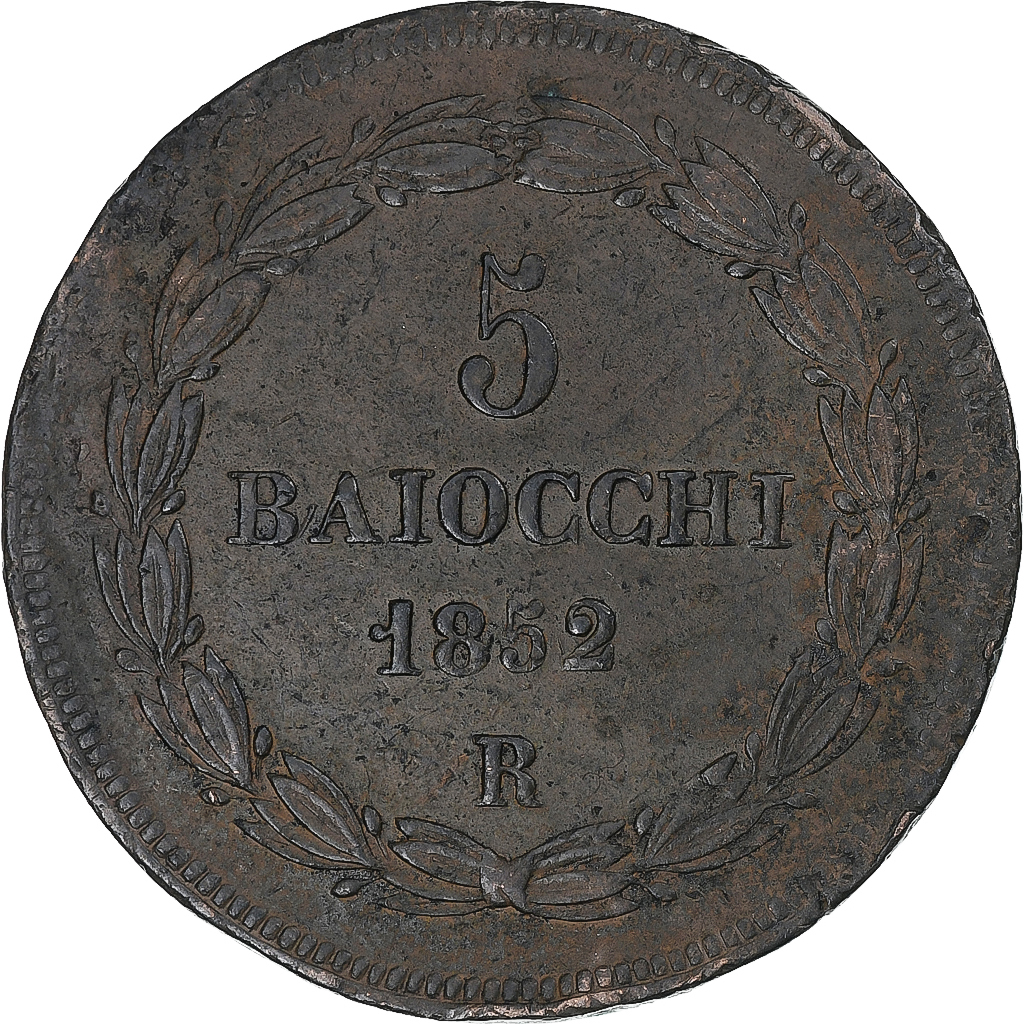 Papal States, Pius IX, 5 Baiocchi, 1852, Rome, , Copper, KM:1356