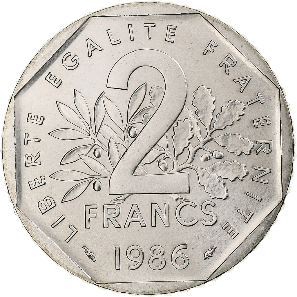 France, 2 Francs, Semeuse, 1986, Monnaie de Paris, série FDC, Nickel
