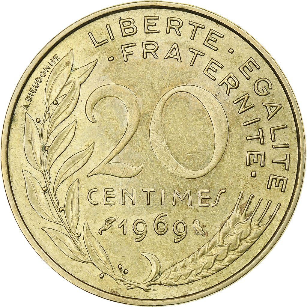France, 20 Centimes, Marianne, 1969, Paris, Aluminum-Bronze, , KM:930