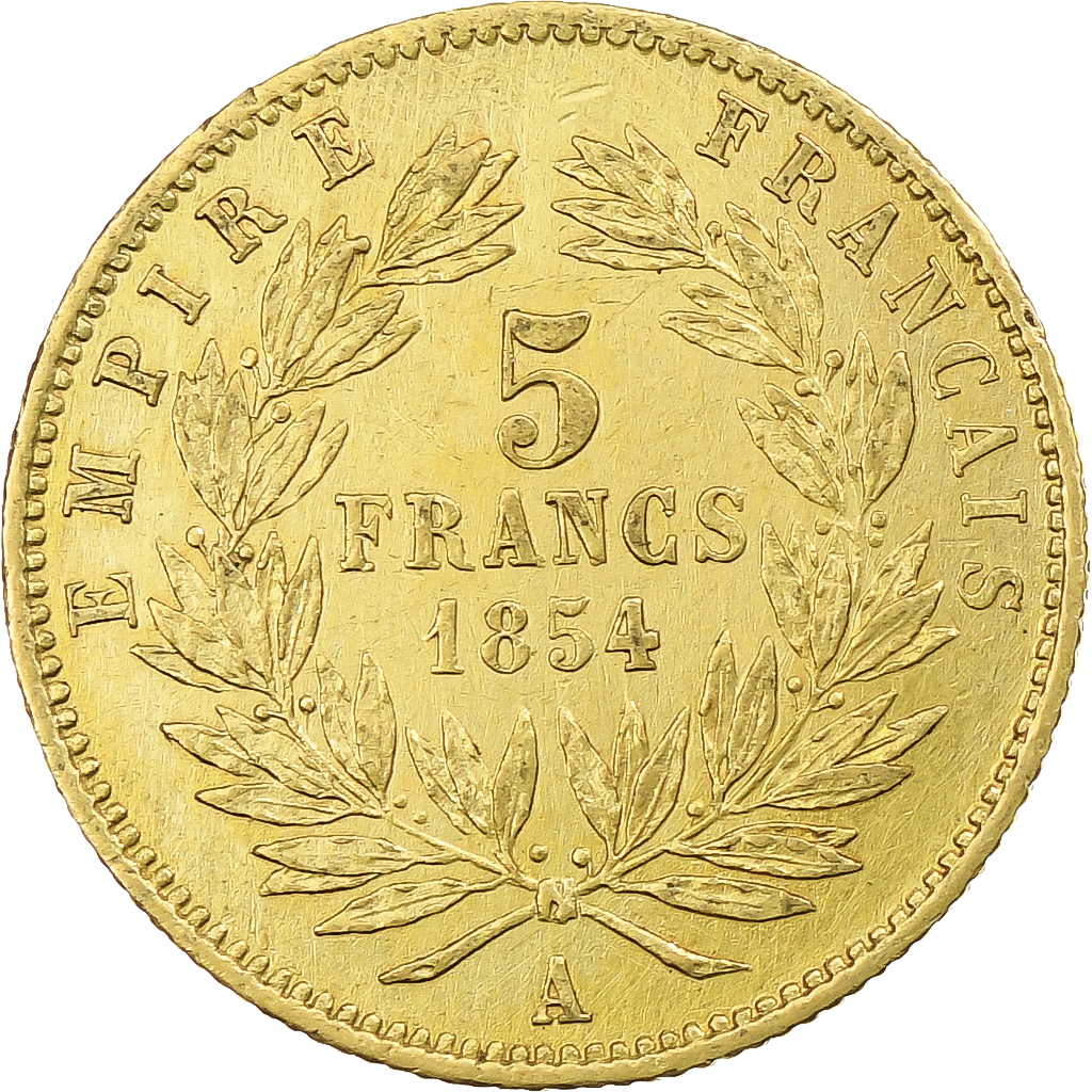 France, Napoleon III, 5 Francs, 1854, Paris, tranche cannelée, Gold, 