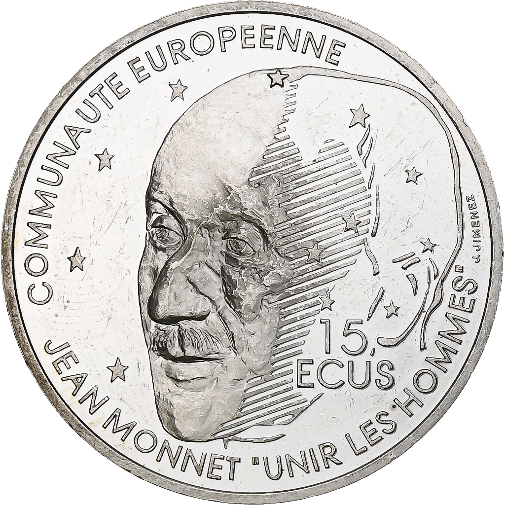 France, 100 Francs / 15 Écus, Jean Monnet, 1992, Monnaie de Paris, BE, Silver