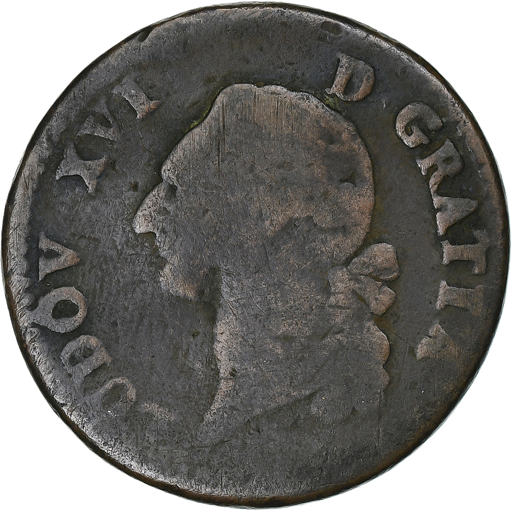 France, Louis XVI, Sol, Orléans, Copper, VF, Gadoury:350, KM:586