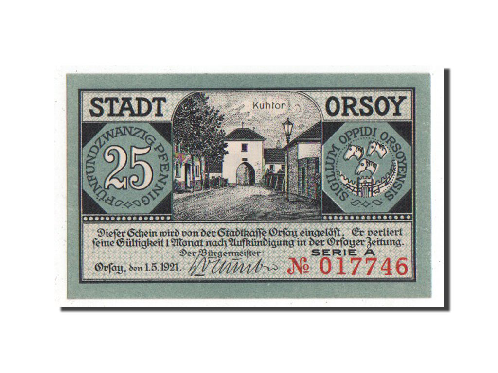 Billete, Alemania, Orsoy Stadt, 25 Pfennig, 1921, UNC, Mehl:1026.1
