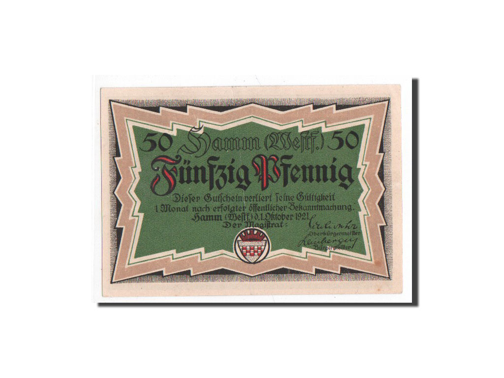 Billet, Allemagne, Hamm, 50 Pfennig, vert, 1921, 1921-10-01, NEUF, Mehl:568.4