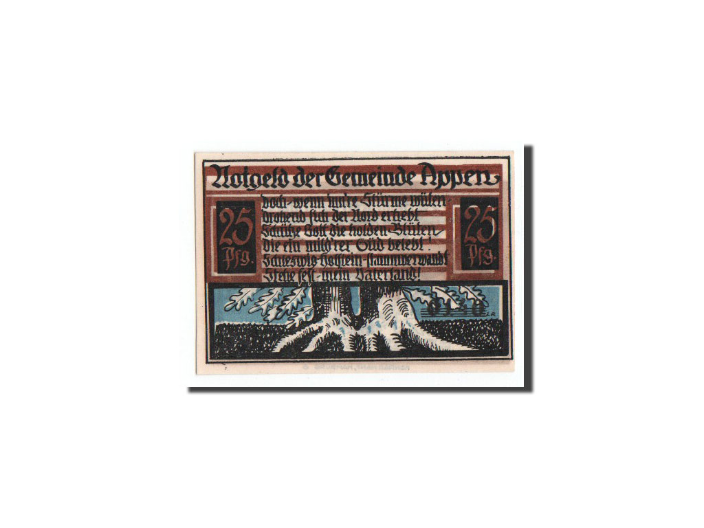 Billet, Allemagne, appen, 25 Pfennig, arbre, O.D, Undated, NEUF, Mehl:39.1