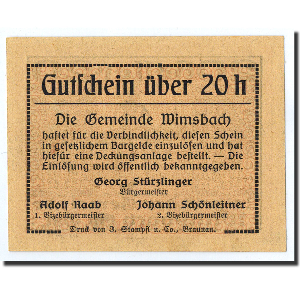 Billete, Austria, Wimsbach, 20 Heller, paysan, Undated, Undated, UNC