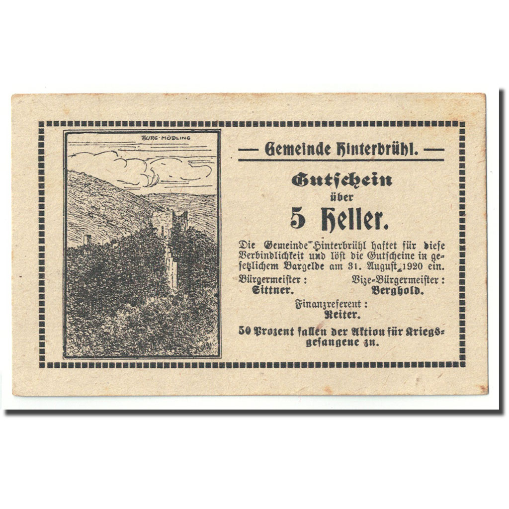 Billete, Austria, Hinterbrühl, 5 Heller, paysage, 1920, SC, Mehl:FS 376 IIId