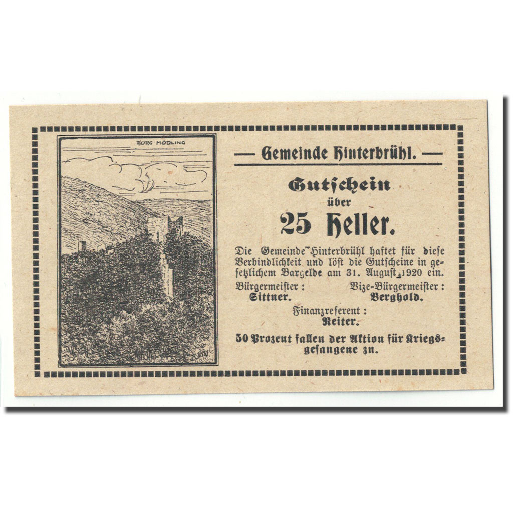 Billete, Austria, Hinterbrühl, 25 Heller, paysage, 1920, SC, Mehl:FS 376 IIId