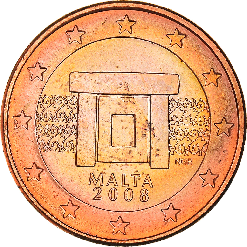 Malta, 5 Euro Cent, Mnajdra Temple Altar, 2008, UNZ+, Copper Plated Steel