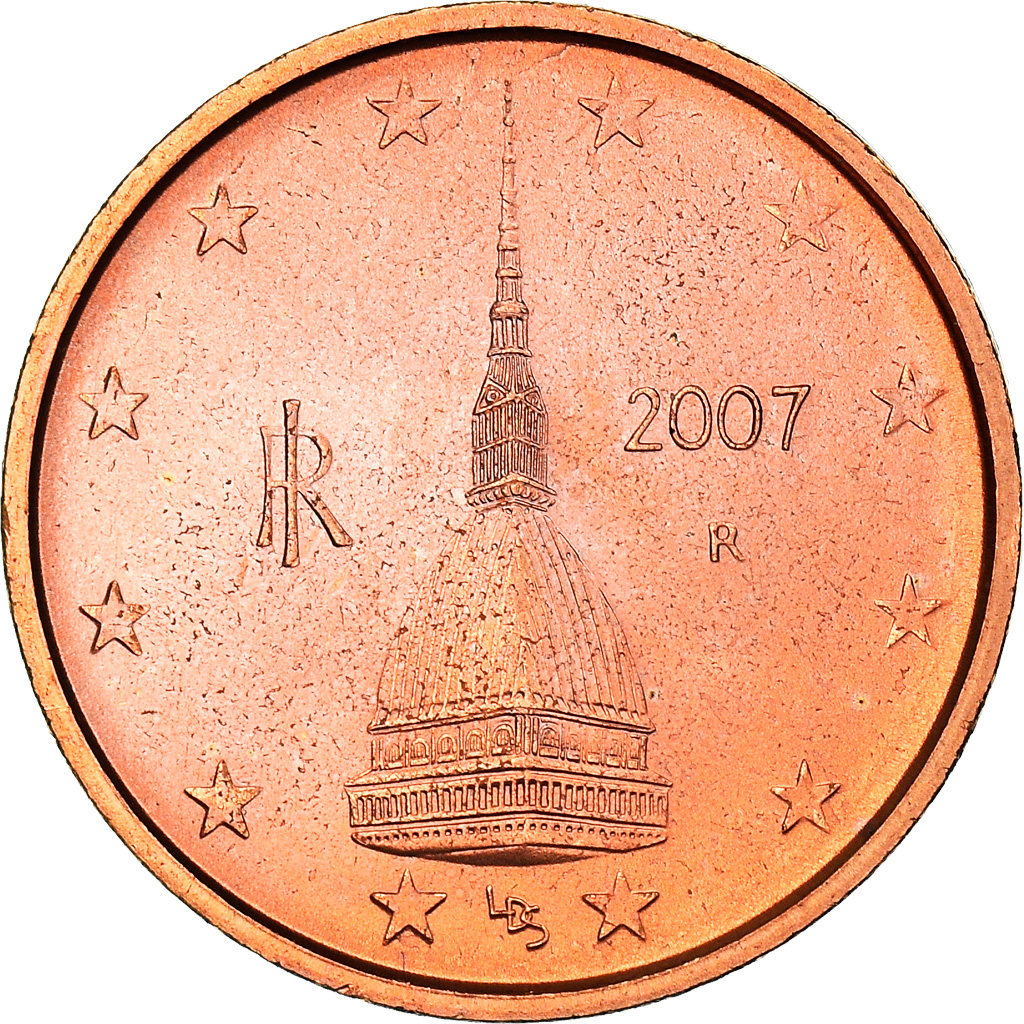 Italien, 2 Euro Cent, The Mole Antonelliana, 2007, UNZ+, Copper Plated Steel
