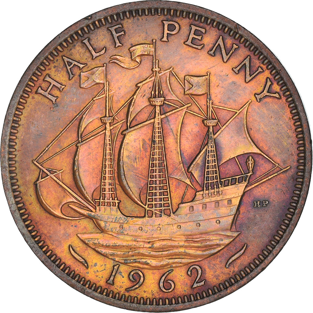 Moneda, Gran Bretaña, Elizabeth II, 1/2 Penny, 1962, MBC+, Bronce, KM:896