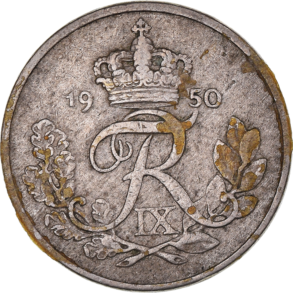 Moneda, Dinamarca, Frederik IX, 10 Öre, 1950, Copenhagen, BC+, Cobre - níquel