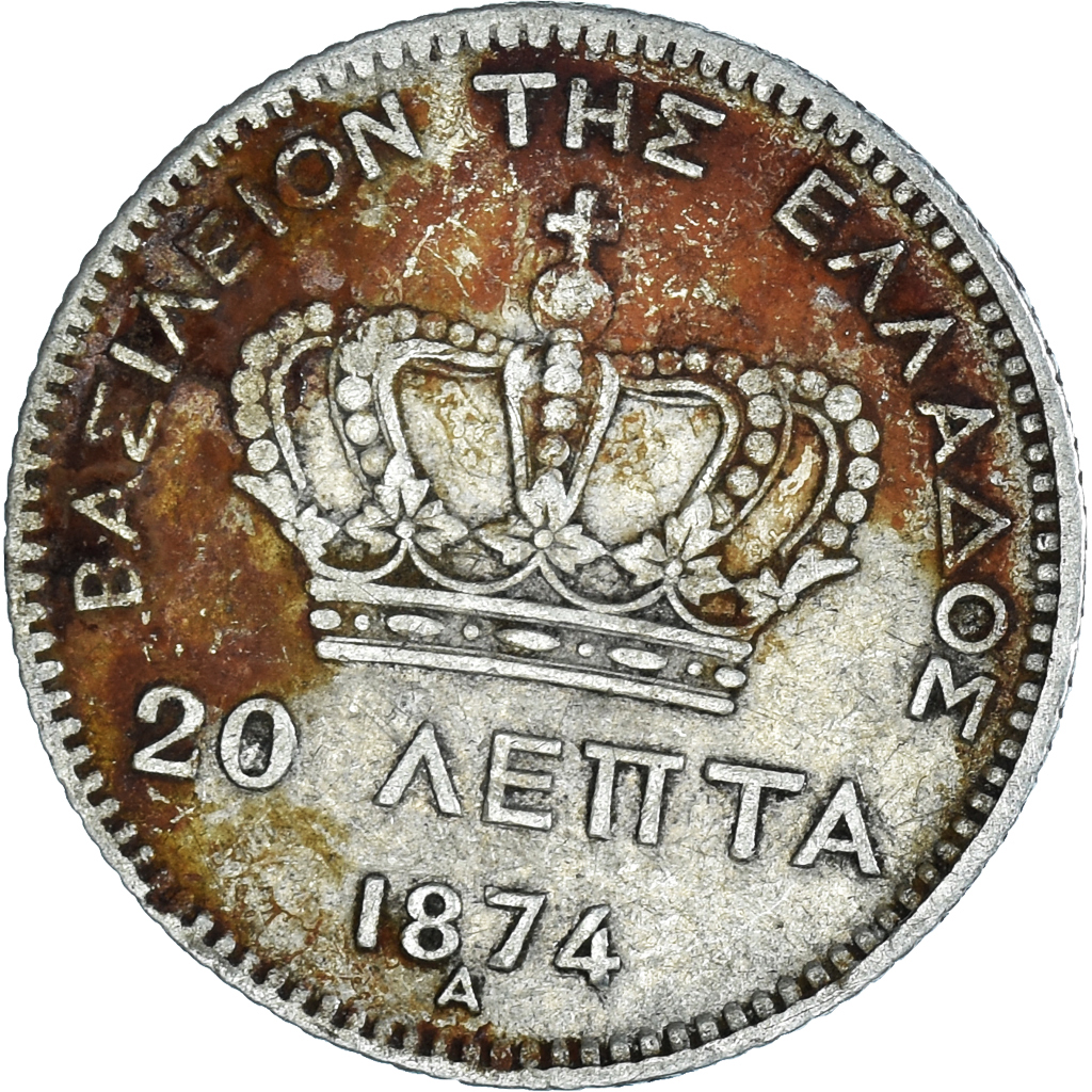 Coin, Greece, George I, 20 Lepta, 1874, Paris, , Silver, KM:44