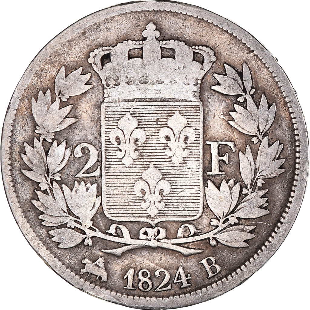 Munten, Frankrijk, Louis XVIII, Louis XVIII, 2 Francs, 1824, Rouen, FR, Zilver
