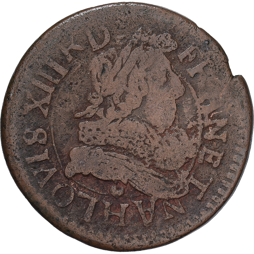 Coin, France, Louis XIII, Double tournois, buste juvénile au col fraisé