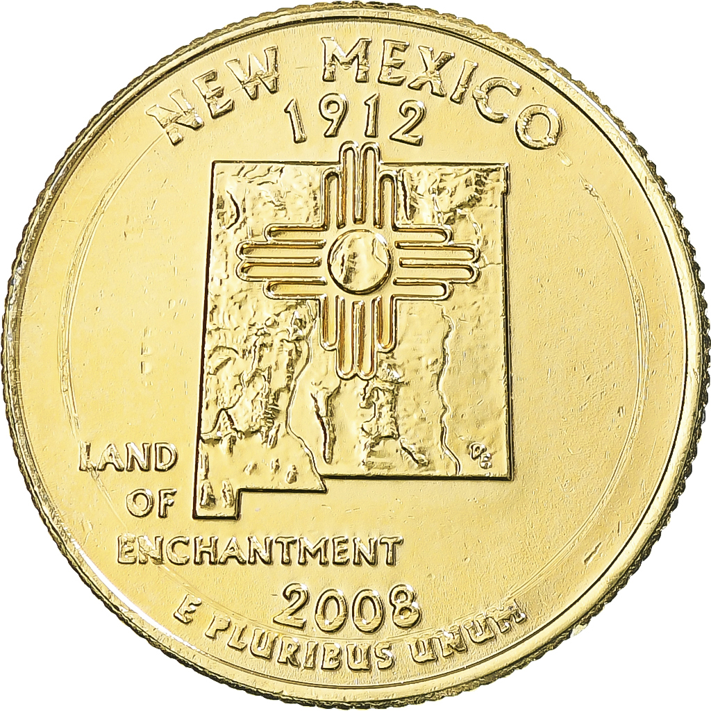 Coin, United States, New Mexico, Quarter, 2008, U.S. Mint, Dahlonega, golden