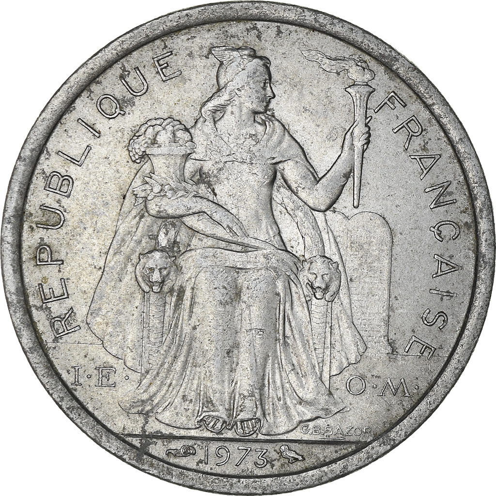 Moneda, Polinesia francesa, 2 Francs, 1973, Paris, MBC, Aluminio, KM:10