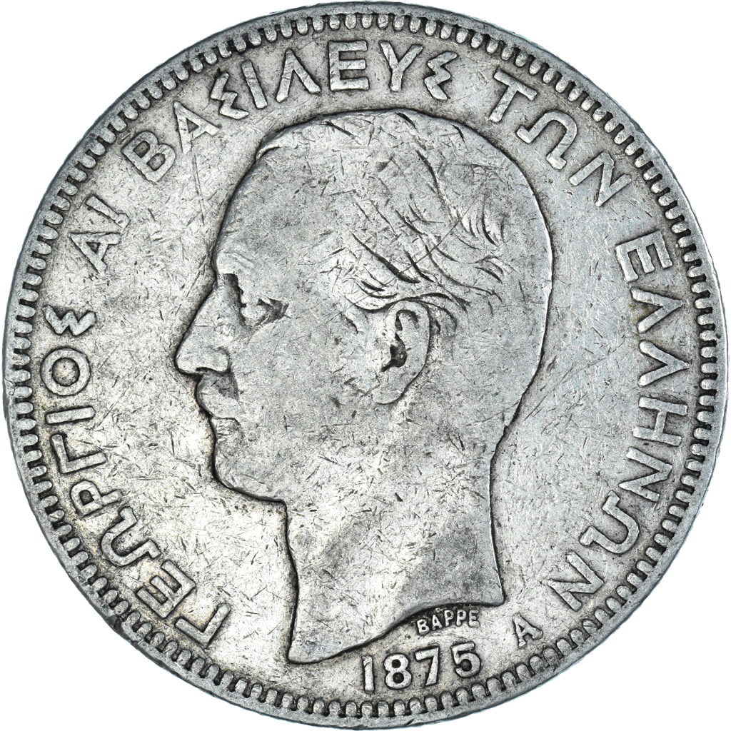 Coin, Greece, George I, 5 Drachmai, 1875, Paris, , Silver, KM:46