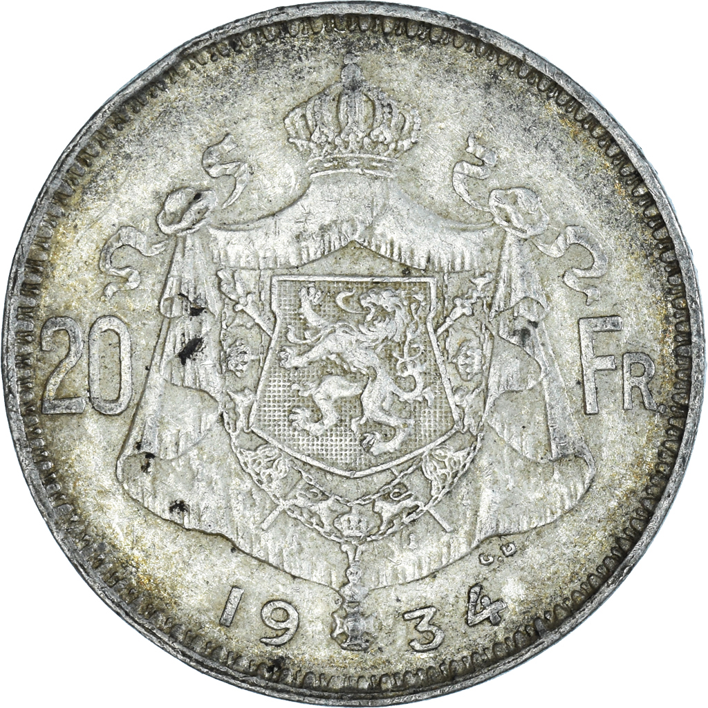 Coin, Belgium, 20 Francs, 20 Frank, 1934, Brussels, , Silver, KM:104.1