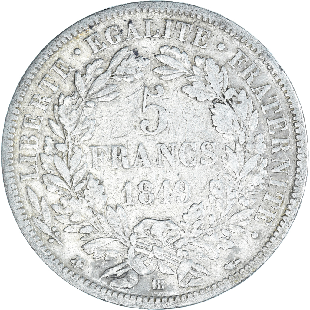 Coin, France, Cérès, 5 Francs, 1849, Strasbourg, VF, Silver, KM:761.2
