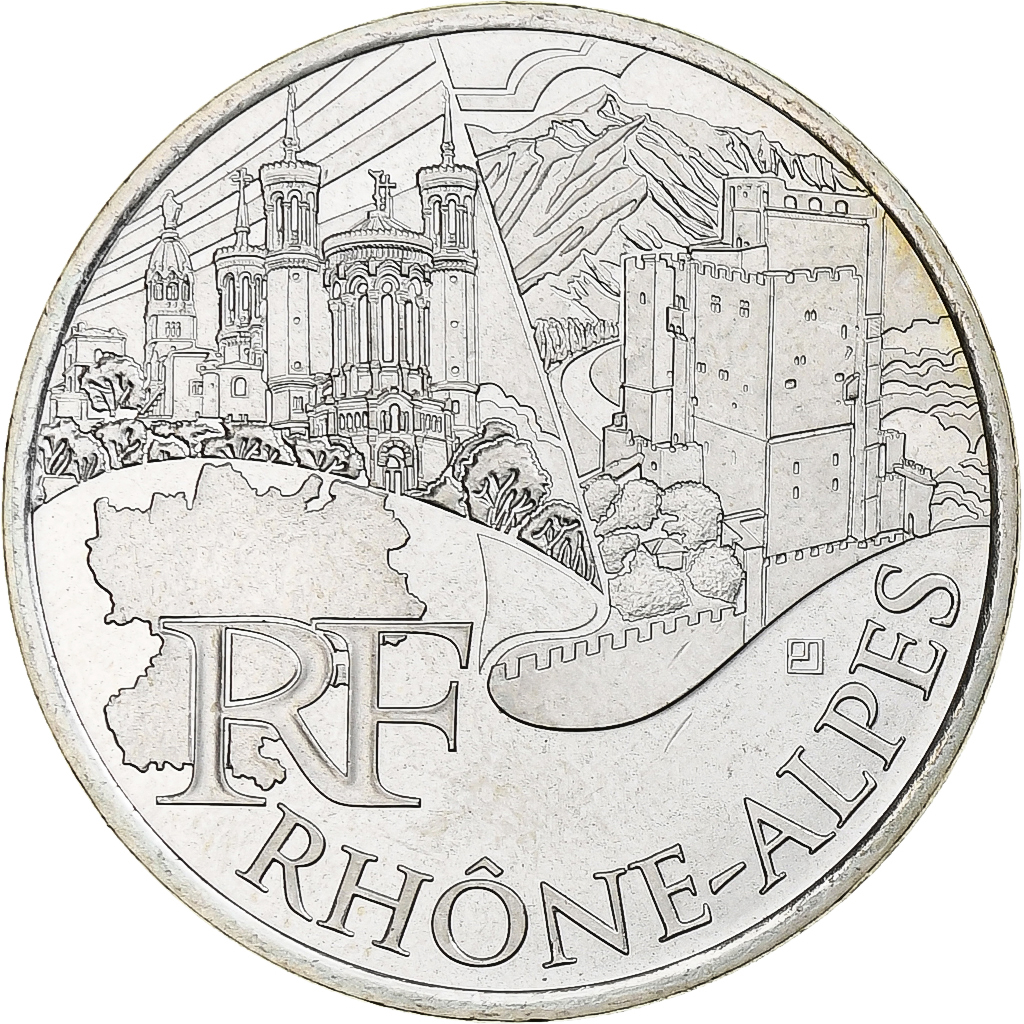 France, 10 Euro, Rhône Alpes, 2011, Rhône-Alpes, MS(65-70), Silver