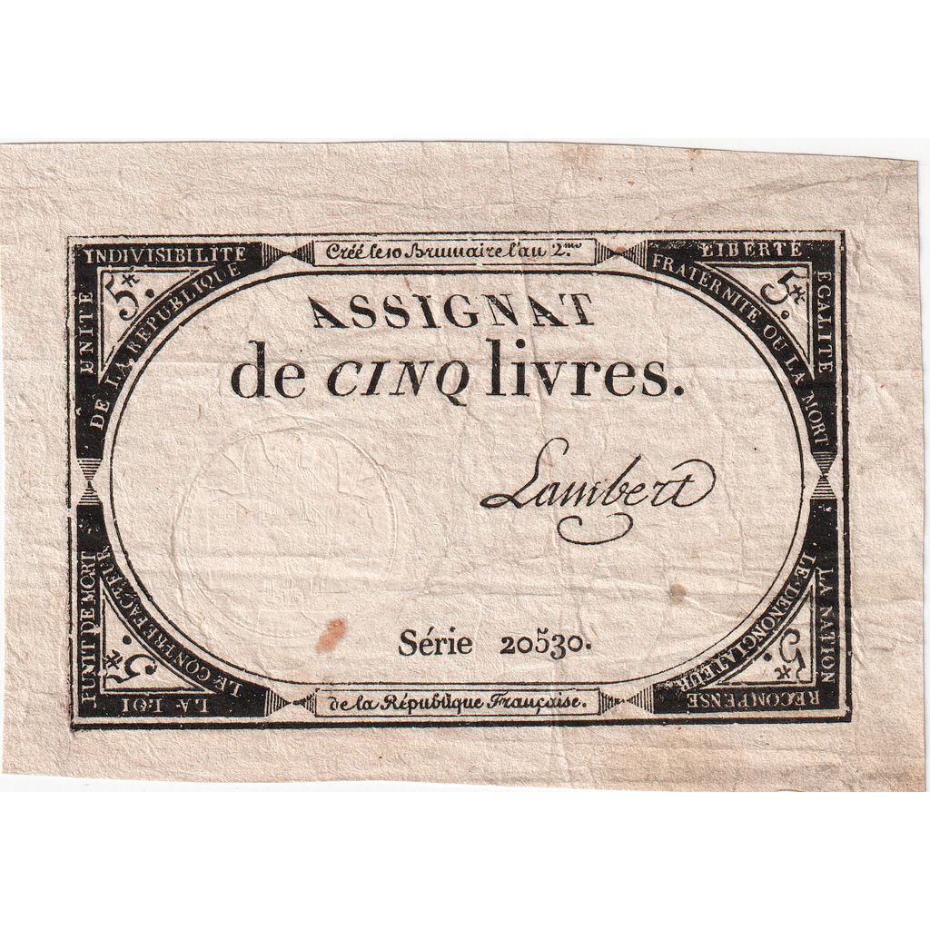 France, 5 Livres, 10 brumaire de l'an 2 - (31 octobre 1793), 20530, EF(40-45)