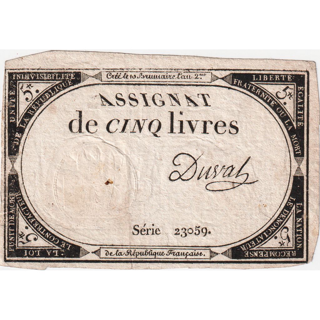 France, 5 Livres, 10 brumaire de l'an 2 - (31 octobre 1793), 23059, AU(50-53)