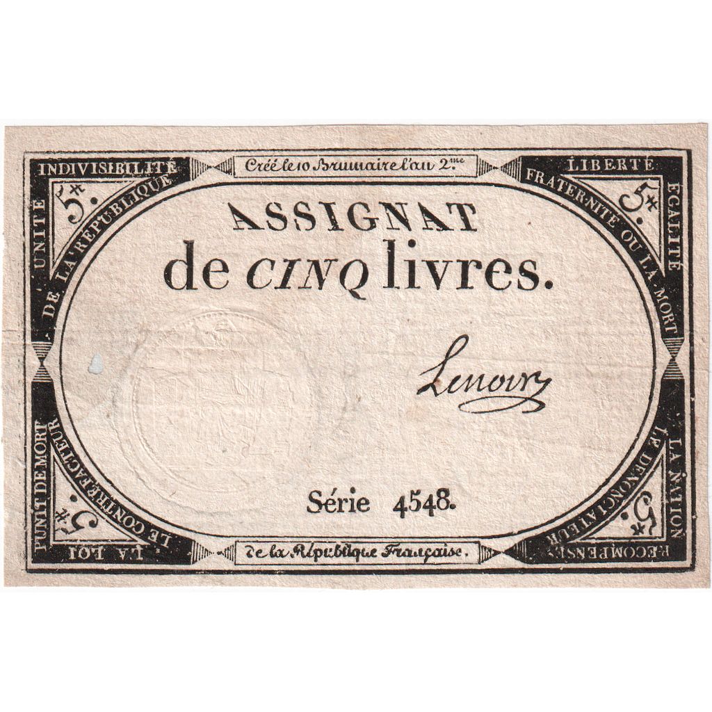 France, 5 Livres, 10 brumaire de l'an 2 - (31 octobre 1793), 4548, AU(50-53)