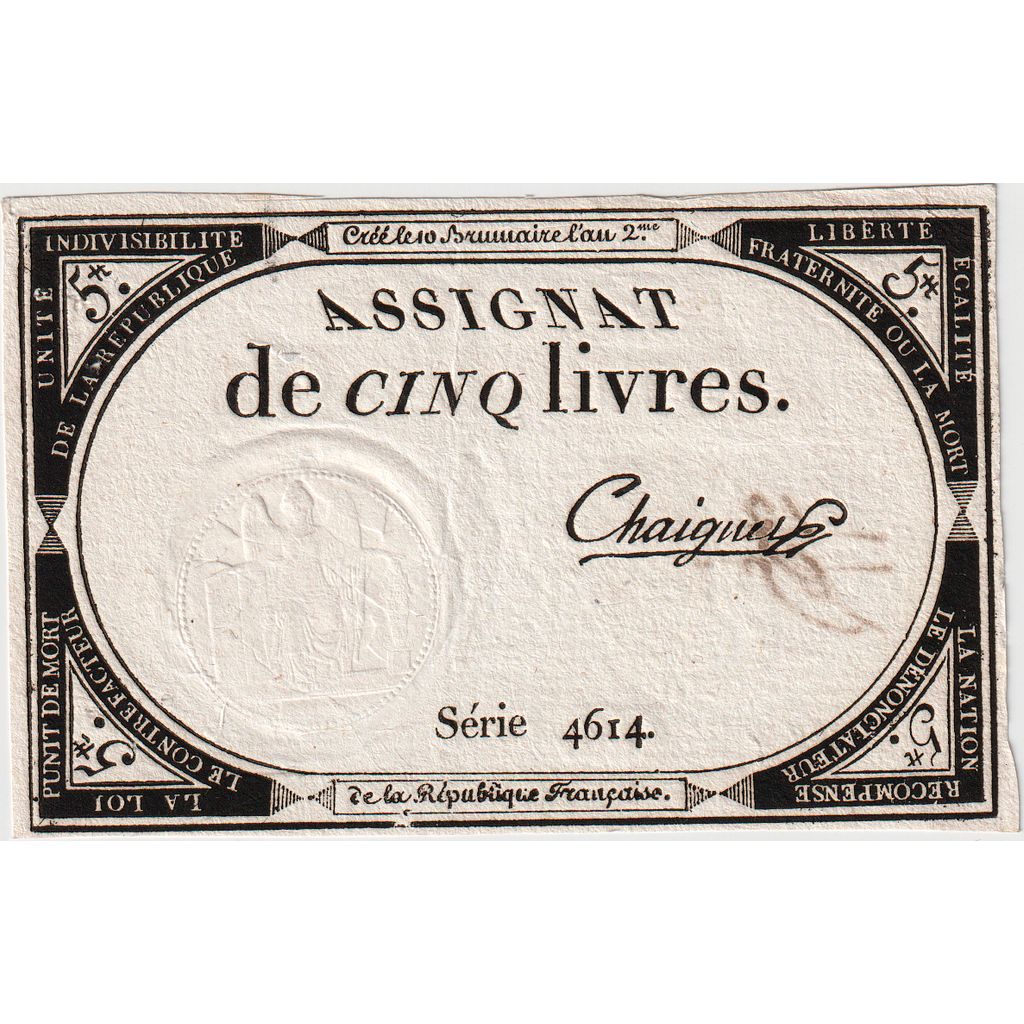 France, 5 Livres, 10 brumaire de l'an 2 - (31 octobre 1793), 4614, AU(55-58)