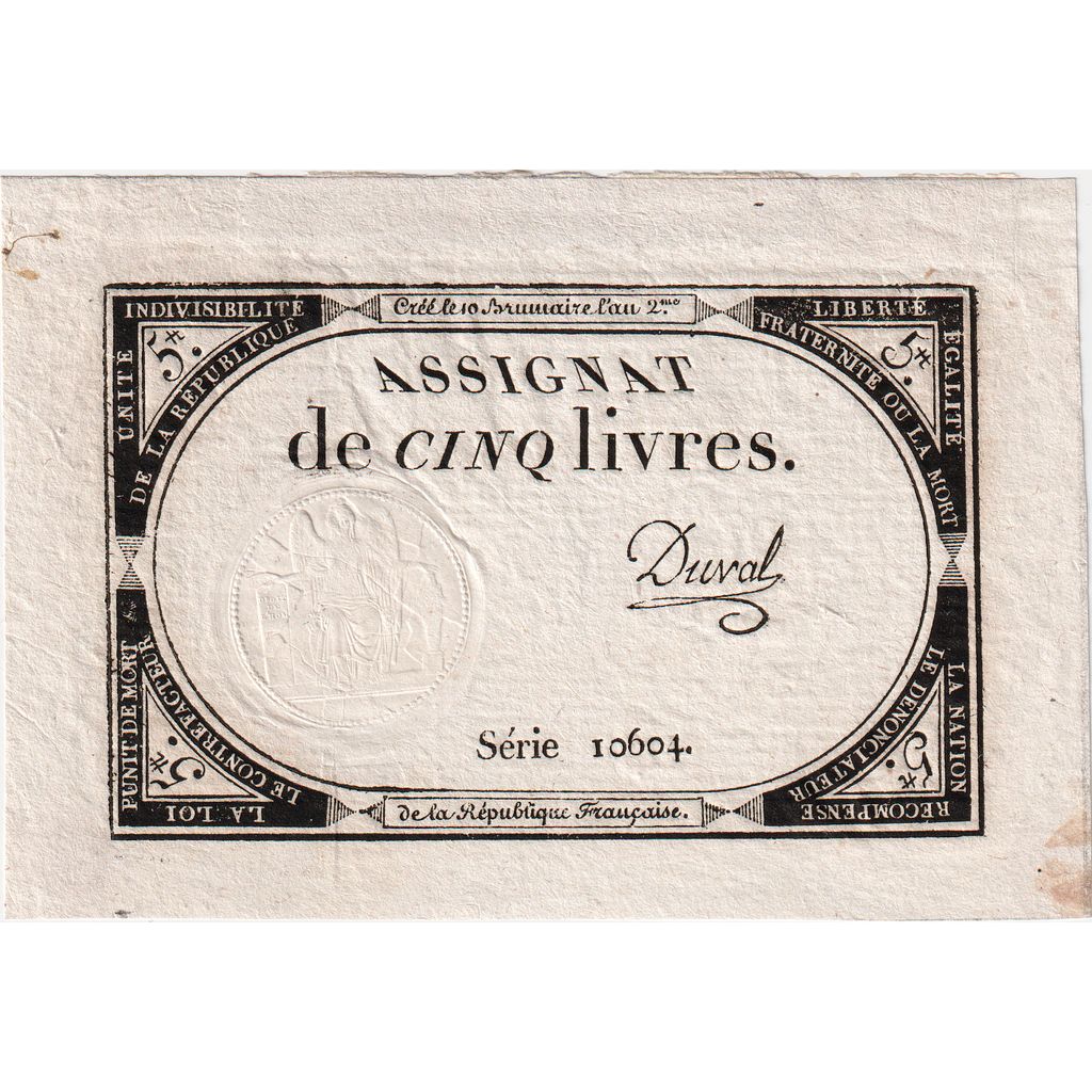 France, 5 Livres, 10 brumaire de l'an 2 - (31 octobre 1793), 10604, AU(55-58)